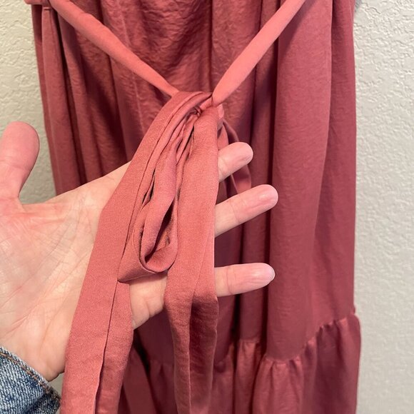 TCEC Mauve Pink Satin Strapless Tied Belt Maxi Dress Small - Picture 3 of 5